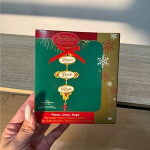 Christmas Peace, Love, Hope Ornament Set - Gold and Red